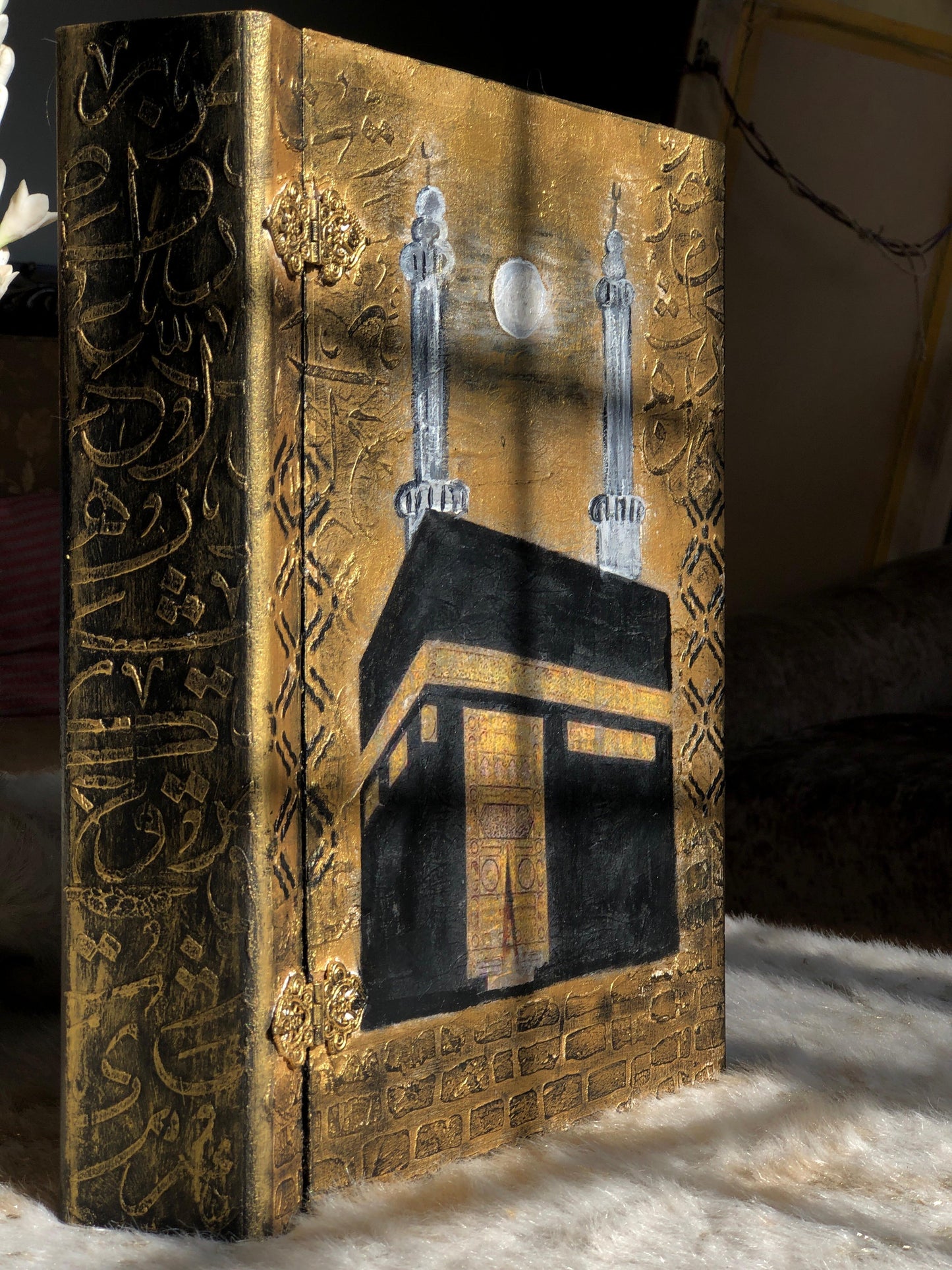Book Box – Hand-Painted Kaaba Book Box with Islamic Calligraphy - Decopage , textured art wooden box