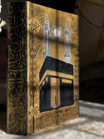Book Box – Hand-Painted Kaaba Book Box with Islamic Calligraphy - Decopage , textured art wooden box