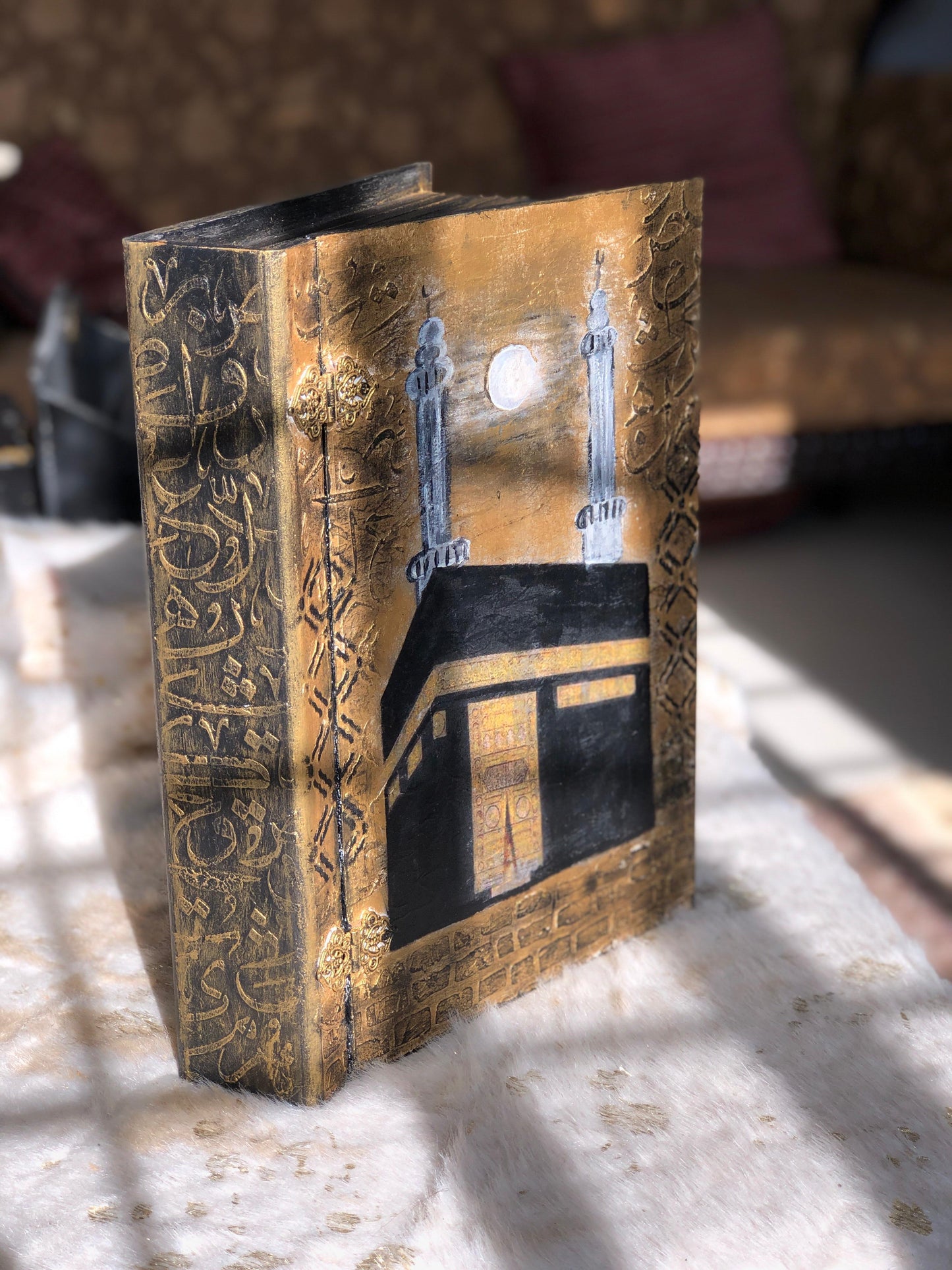 Book Box – Hand-Painted Kaaba Book Box with Islamic Calligraphy - Decopage , textured art wooden box