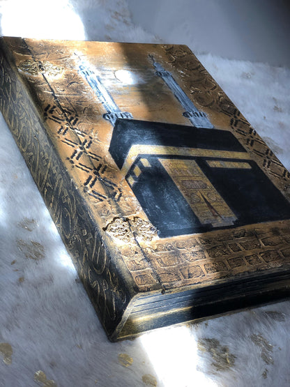 Book Box – Hand-Painted Kaaba Book Box with Islamic Calligraphy - Decopage , textured art wooden box