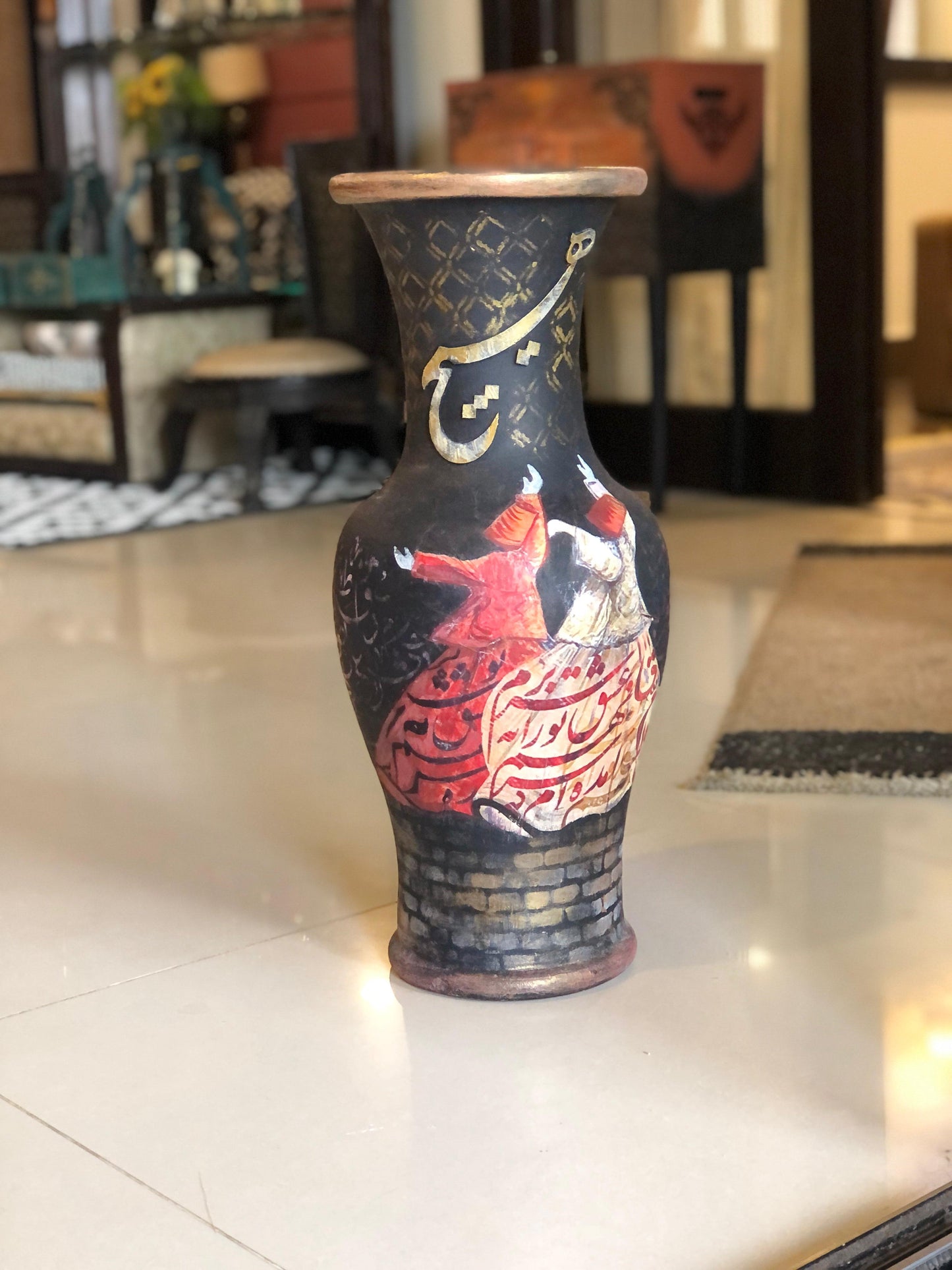 Vase - Handmade Wooden Flower Pot With Dervish Design