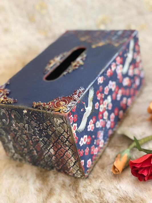 Hand-Painted Wooden Tissue Box – Blue with Bird & Floral Design