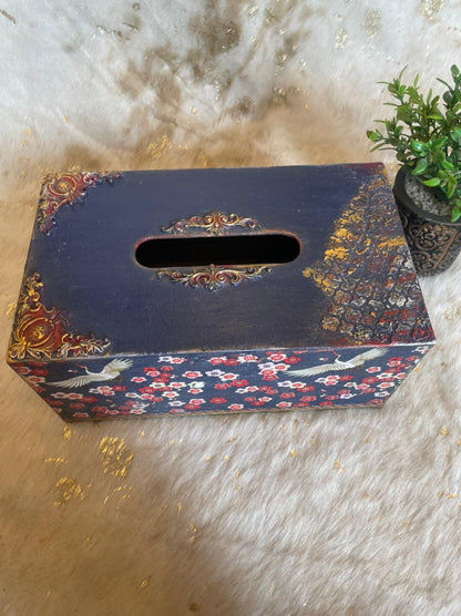 Hand-Painted Wooden Tissue Box – Blue with Bird & Floral Design
