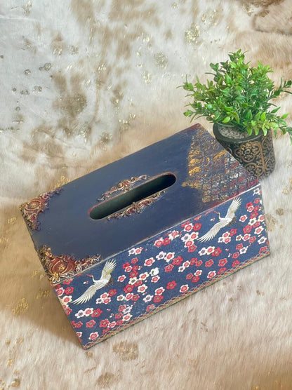 Hand-Painted Wooden Tissue Box – Blue with Bird & Floral Design