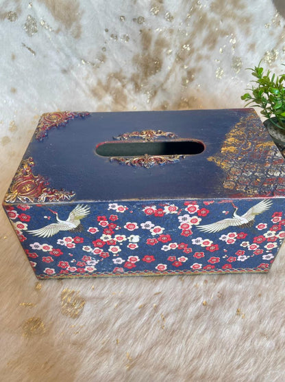 Hand-Painted Wooden Tissue Box – Blue with Bird & Floral Design