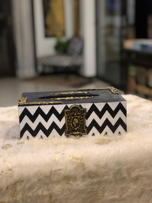 Handcrafted Wooden Tissue Box – Black with White Zigzag & Calligraphy Border