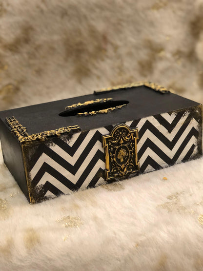 Handcrafted Wooden Tissue Box – Black with White Zigzag & Calligraphy Border