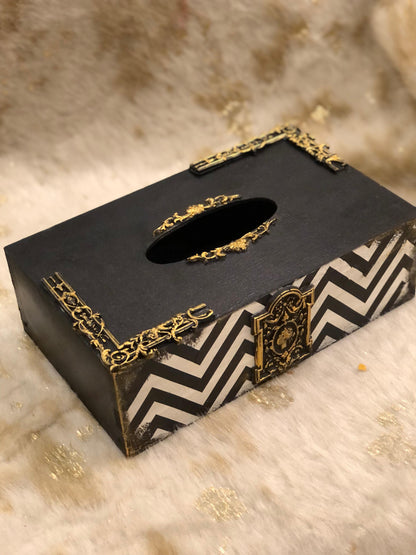 Handcrafted Wooden Tissue Box – Black with White Zigzag & Calligraphy Border