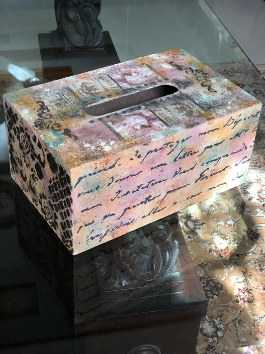 Hand-Painted Wooden Tissue Box – Colorful Calligraphy & Artistic Design