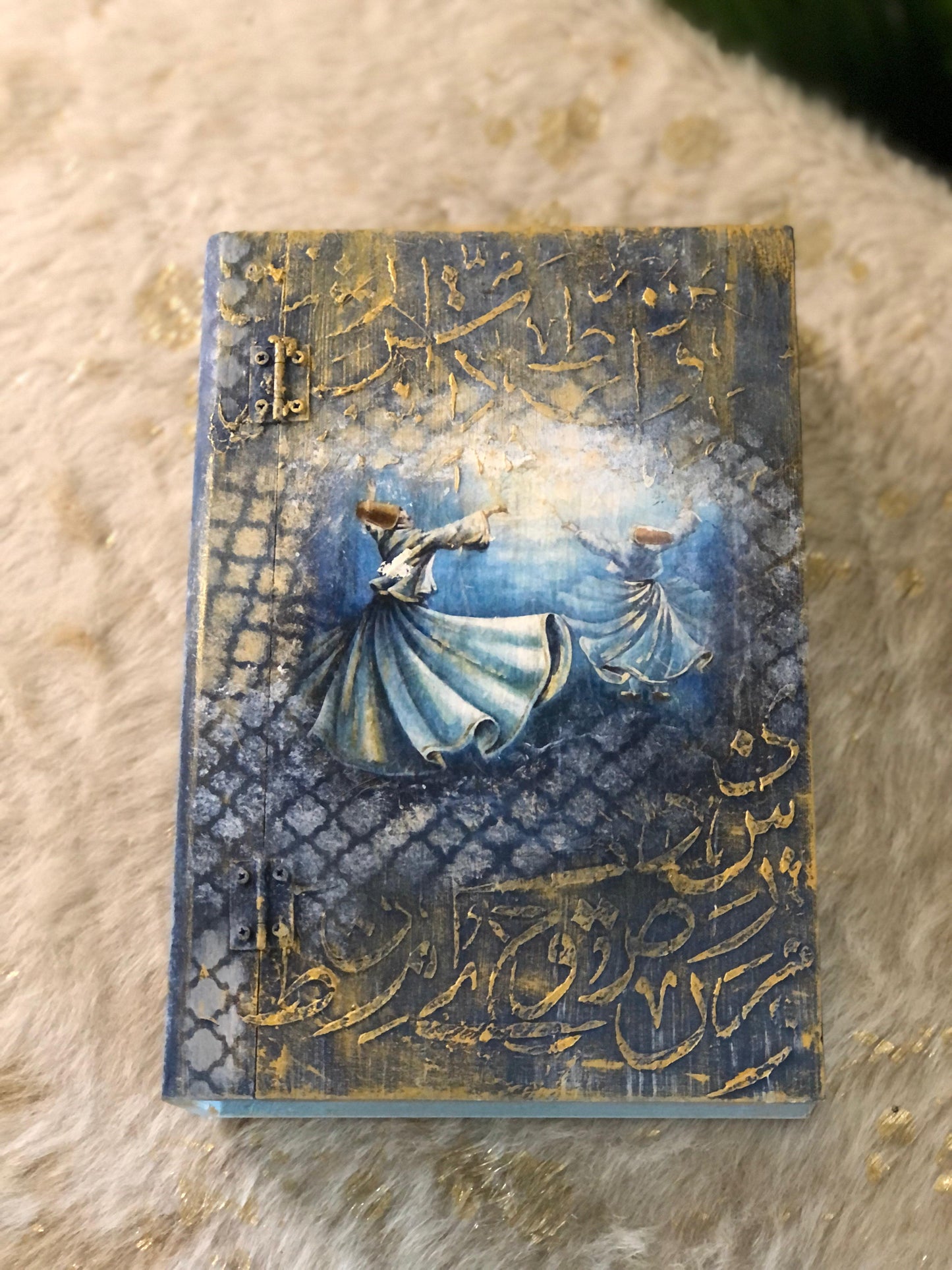 Home Decor Box - Handcrafted Wooden Box – Light Blue with Darvaish & Urdu Poetry Design