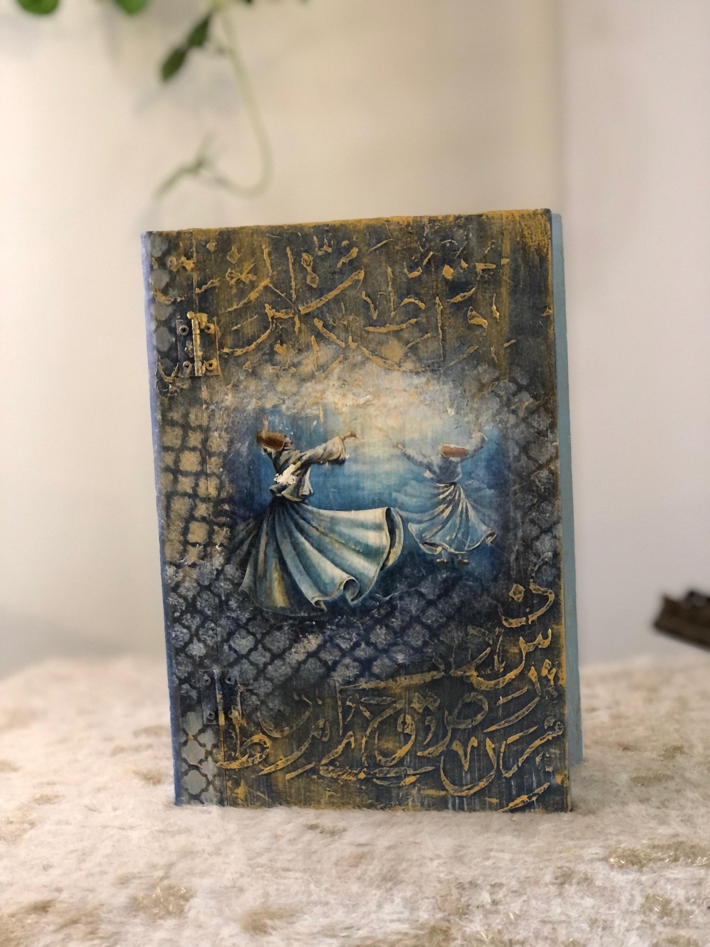 Home Decor Box - Handcrafted Wooden Box – Light Blue with Darvaish & Urdu Poetry Design