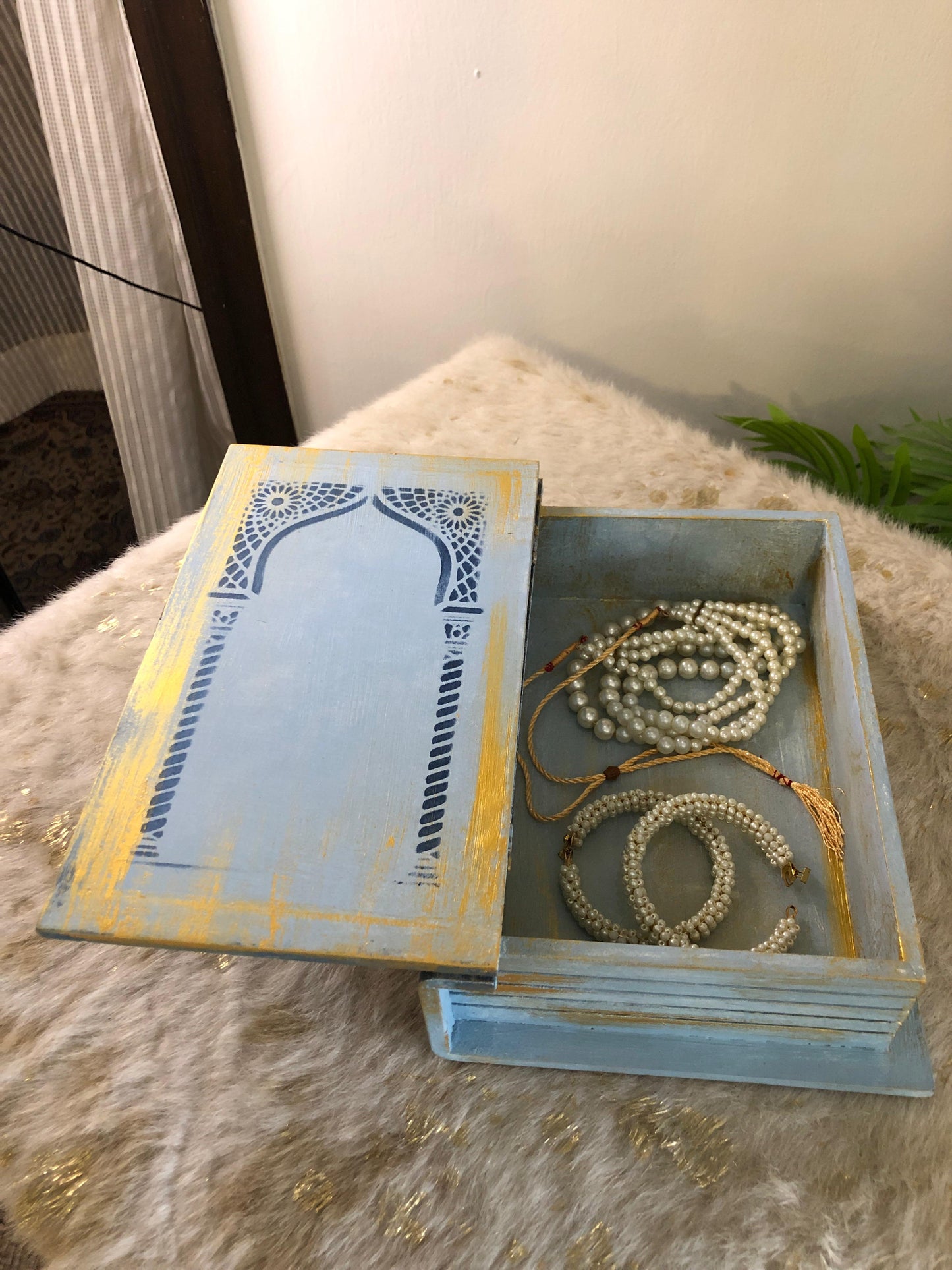 Home Decor Box - Handcrafted Wooden Box – Light Blue with Darvaish & Urdu Poetry Design