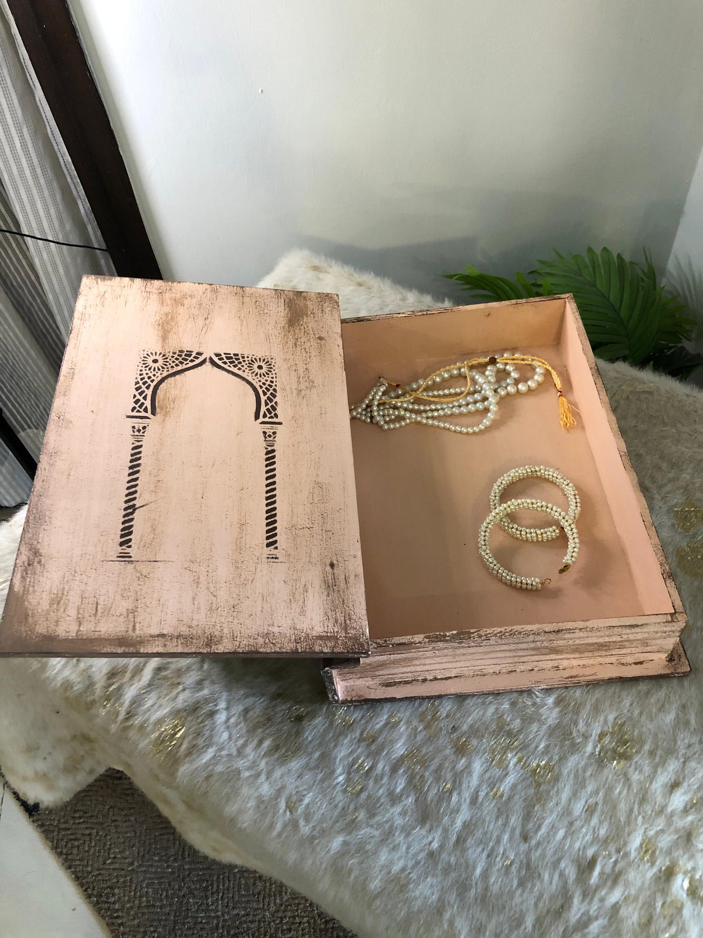 Home Decor Box - Handcrafted Wooden Box – Light Brown Background with Blue Peacock & Urdu Poetry