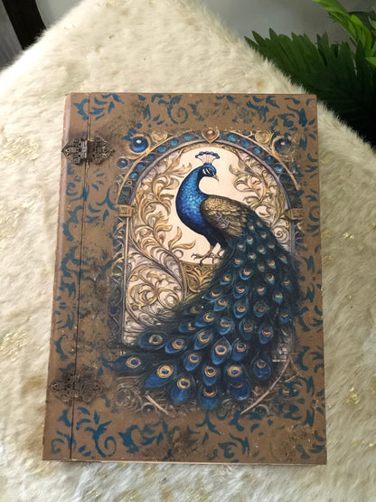 Home Decor Box - Handcrafted Wooden Box – Light Brown Background with Blue Peacock & Urdu Poetry