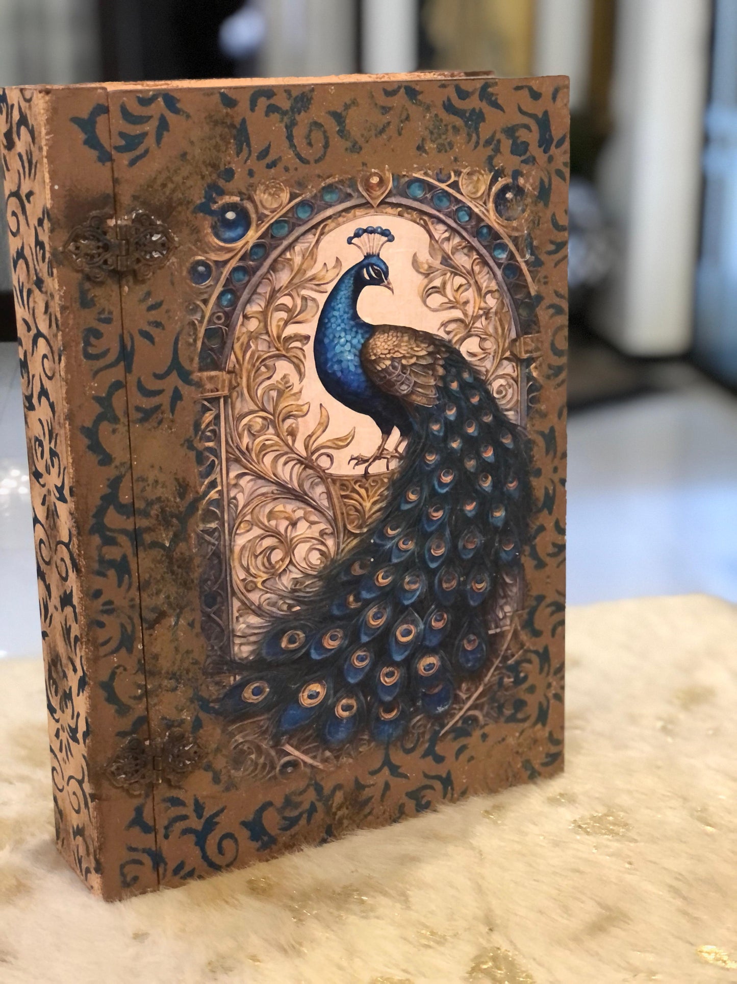 Home Decor Box - Handcrafted Wooden Box – Light Brown Background with Blue Peacock & Urdu Poetry