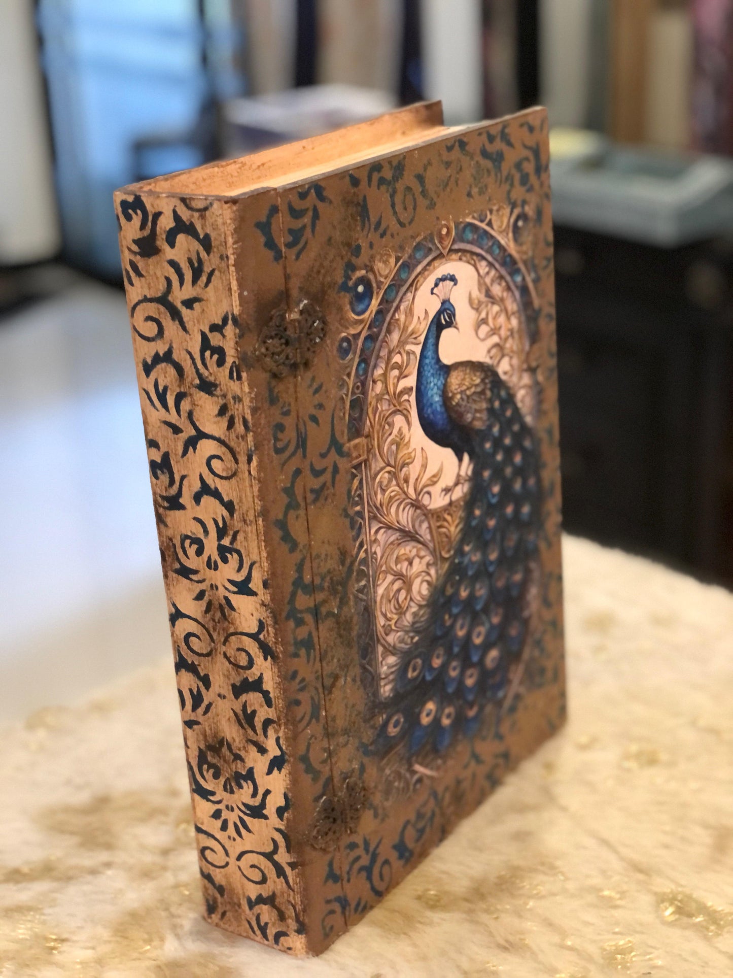 Home Decor Box - Handcrafted Wooden Box – Light Brown Background with Blue Peacock & Urdu Poetry