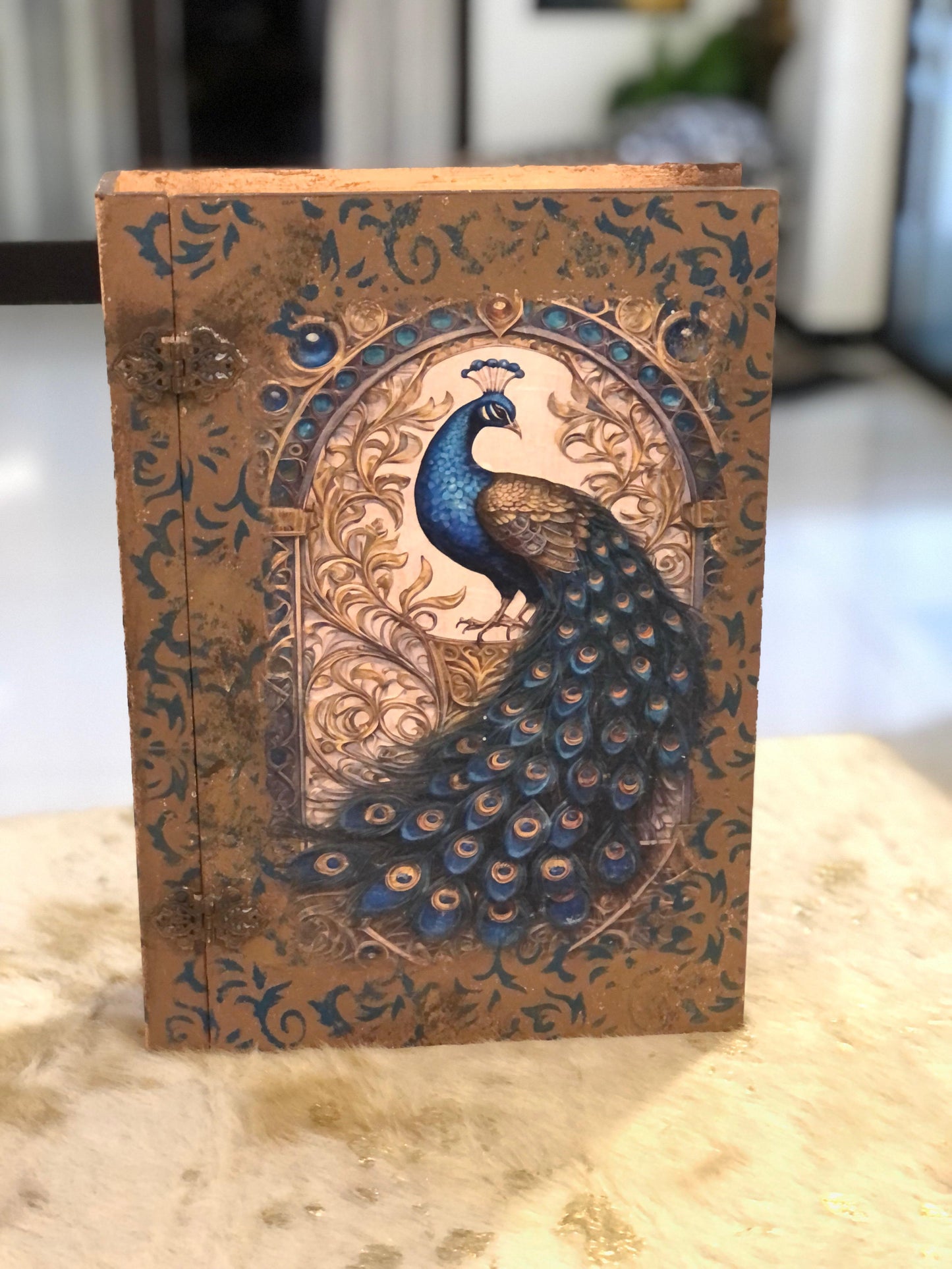 Home Decor Box - Handcrafted Wooden Box – Light Brown Background with Blue Peacock & Urdu Poetry