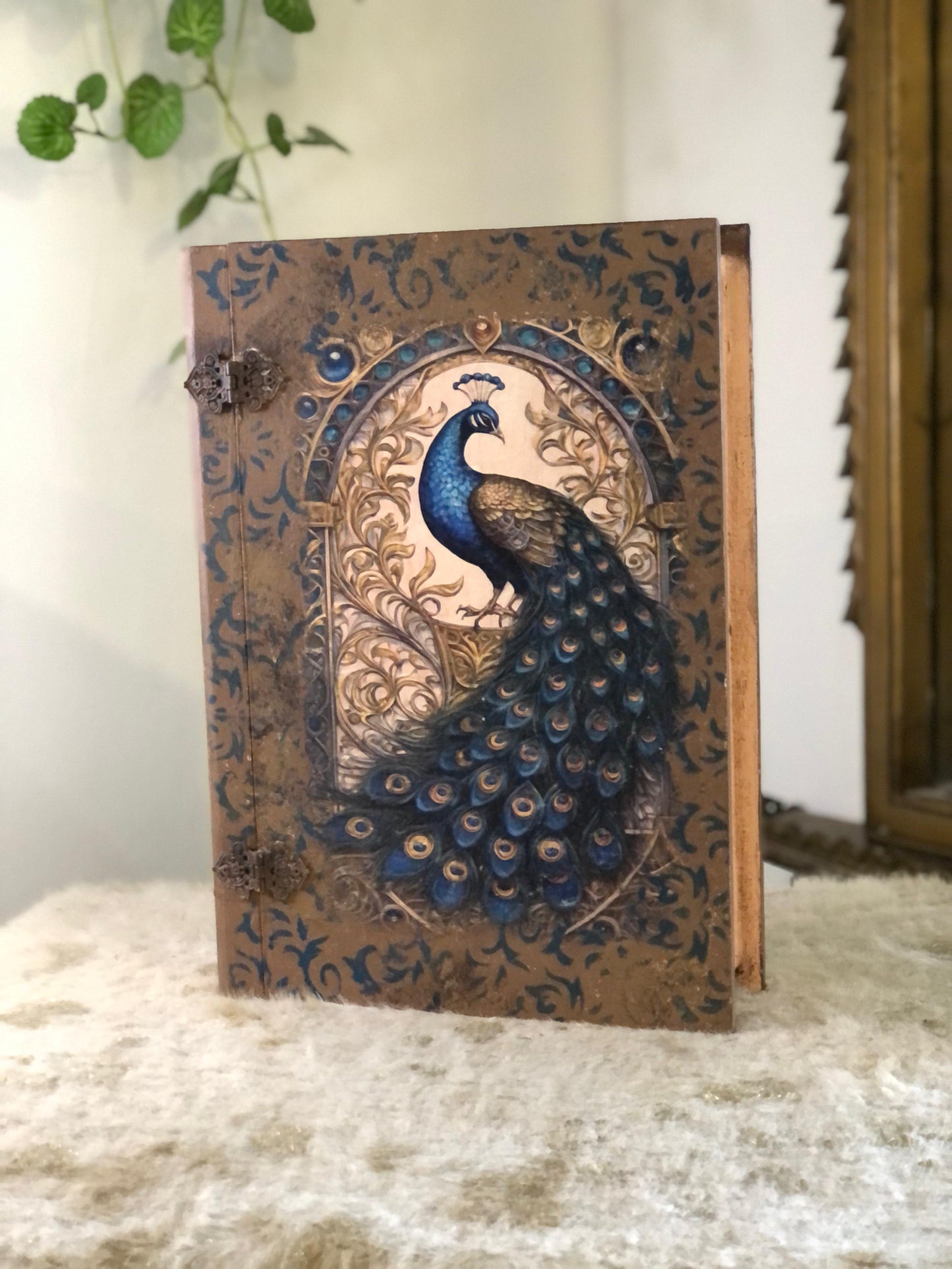 Home Decor Box - Handcrafted Wooden Box – Light Brown Background with Blue Peacock & Urdu Poetry