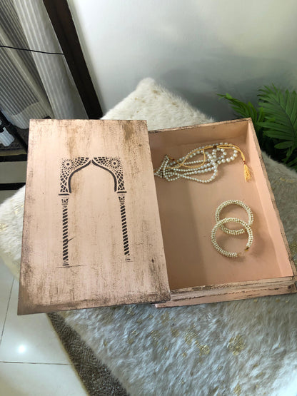 Home Decor Box - Handcrafted Wooden Box – Light Brown Background with Blue Peacock & Urdu Poetry