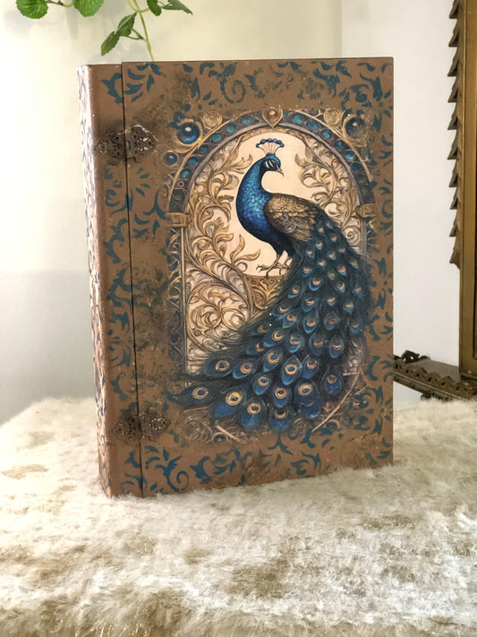 Home Decor Box - Handcrafted Wooden Box – Light Brown Background with Blue Peacock & Urdu Poetry