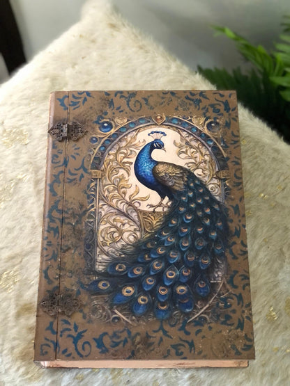 Home Decor Box - Handcrafted Wooden Box – Light Brown Background with Blue Peacock & Urdu Poetry
