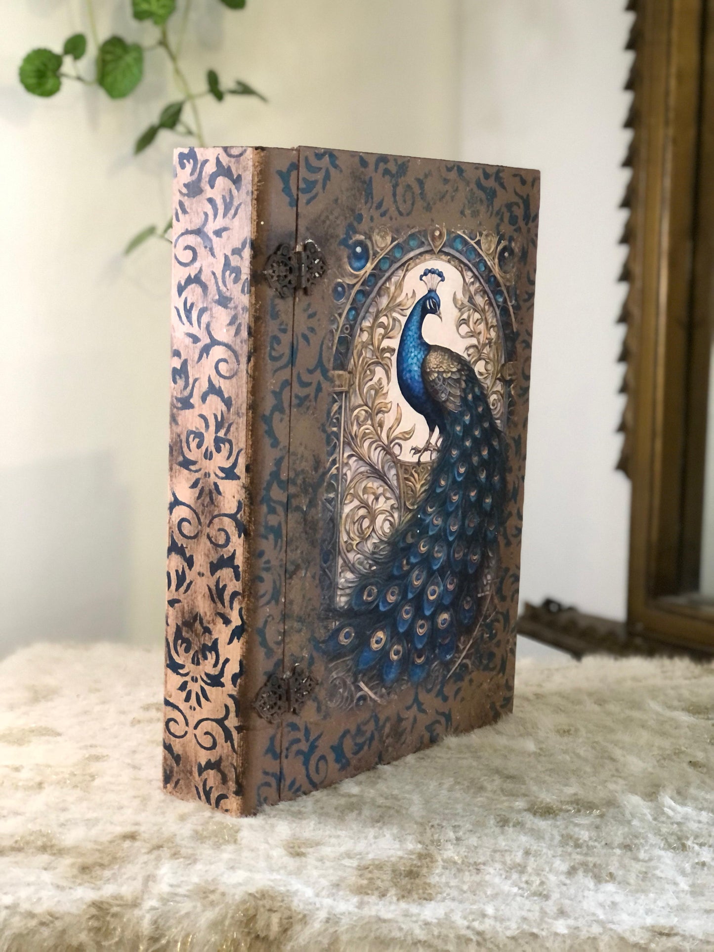 Home Decor Box - Handcrafted Wooden Box – Light Brown Background with Blue Peacock & Urdu Poetry