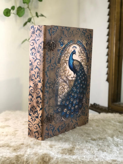 Home Decor Box - Handcrafted Wooden Box – Light Brown Background with Blue Peacock & Urdu Poetry