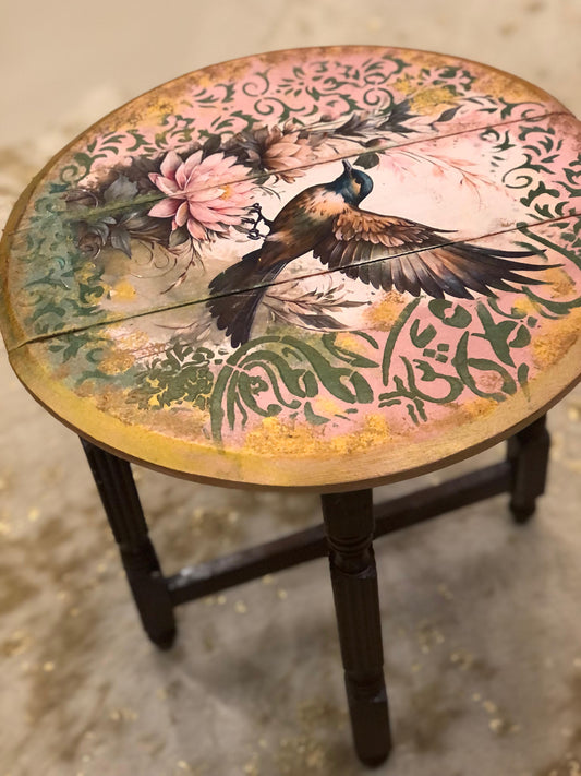 Wood Table - Hand-Painted Bird Design Round Table