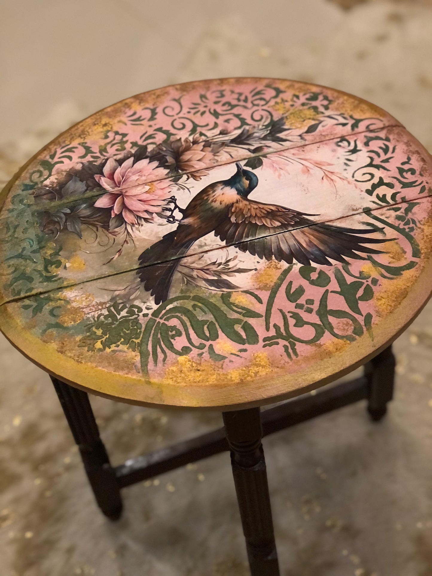 Wood Table - Hand-Painted Bird Design Round Table