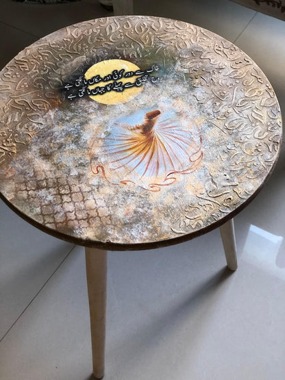 Wood Table - Handcrafted Round Wooden Table – Sufi Design with Urdu Poetry & Tri-Leg Stand