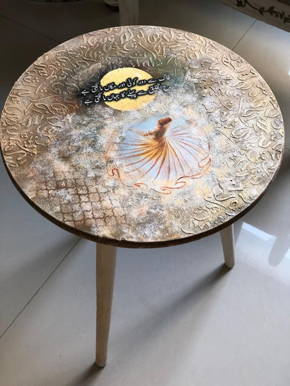 Wood Table - Handcrafted Round Wooden Table – Sufi Design with Urdu Poetry & Tri-Leg Stand
