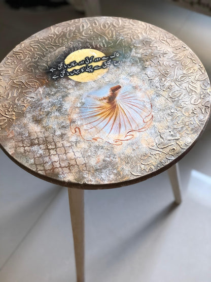 Wood Table - Handcrafted Round Wooden Table – Sufi Design with Urdu Poetry & Tri-Leg Stand