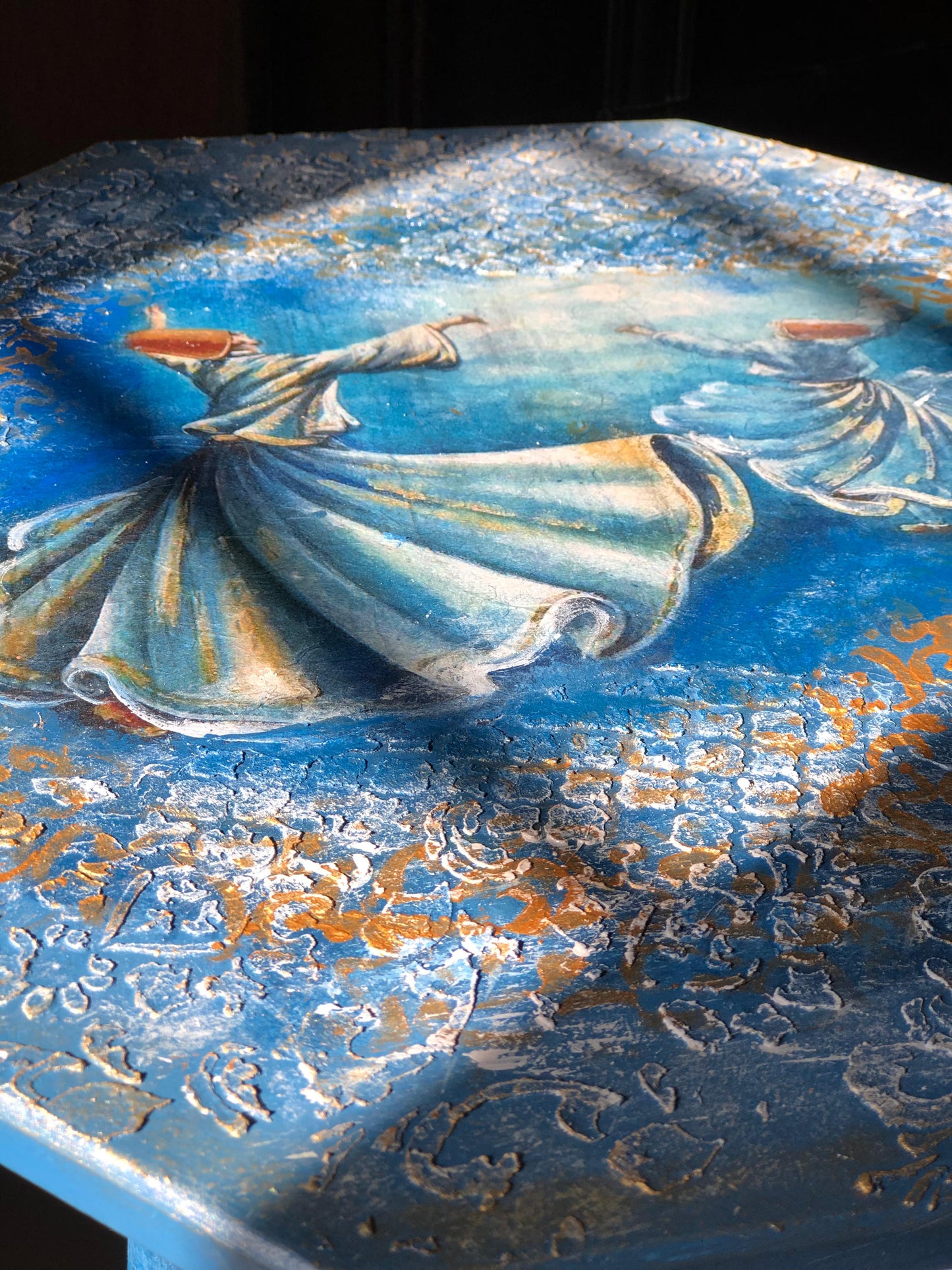 Wood Table - Handcrafted Wooden Octagon Table – Twin Sufi Dancers in Blue with Tri-Leg Stand