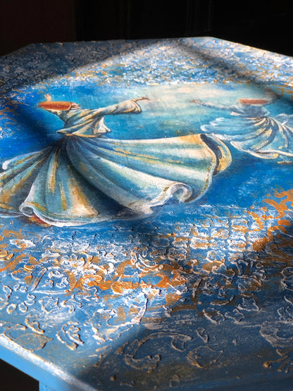 Wood Table - Handcrafted Wooden Octagon Table – Twin Sufi Dancers in Blue with Tri-Leg Stand
