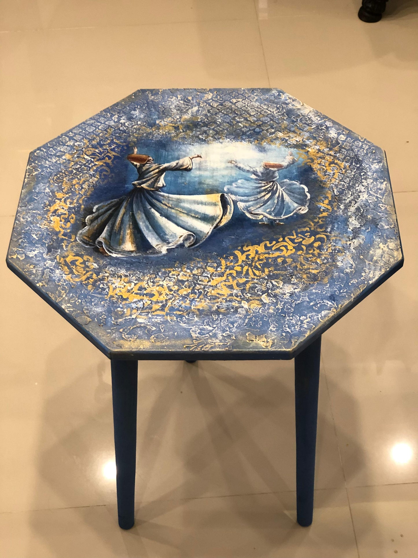 Wood Table - Handcrafted Wooden Octagon Table – Twin Sufi Dancers in Blue with Tri-Leg Stand
