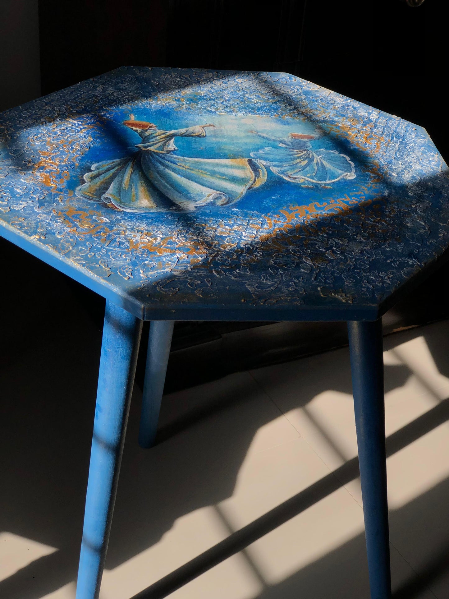Wood Table - Handcrafted Wooden Octagon Table – Twin Sufi Dancers in Blue with Tri-Leg Stand
