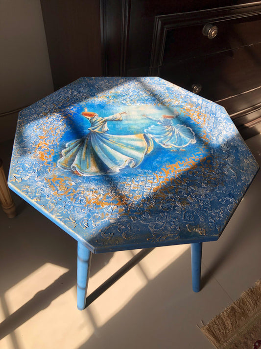 Wood Table - Handcrafted Wooden Octagon Table – Twin Sufi Dancers in Blue with Tri-Leg Stand
