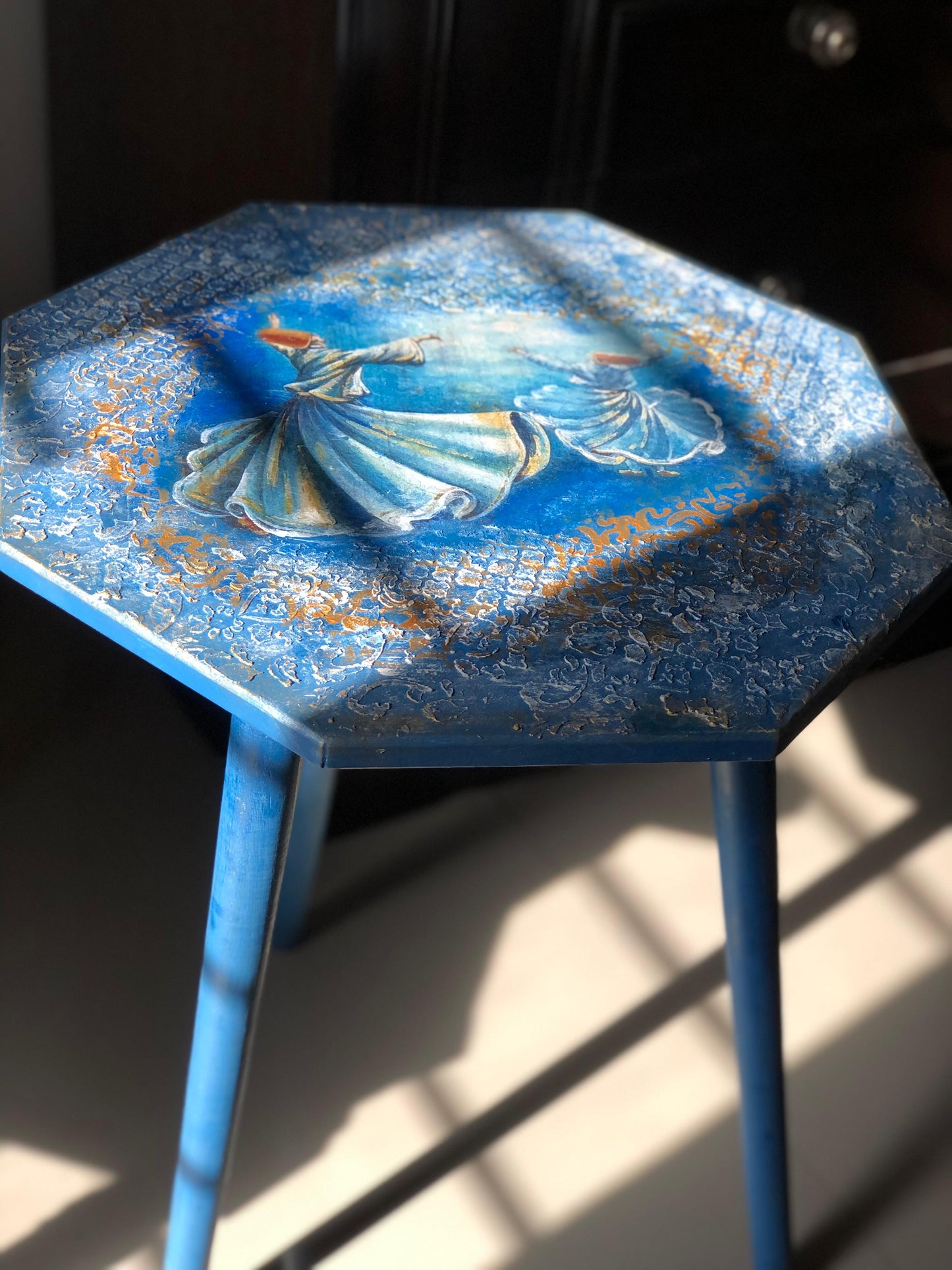 Wood Table - Handcrafted Wooden Octagon Table – Twin Sufi Dancers in Blue with Tri-Leg Stand