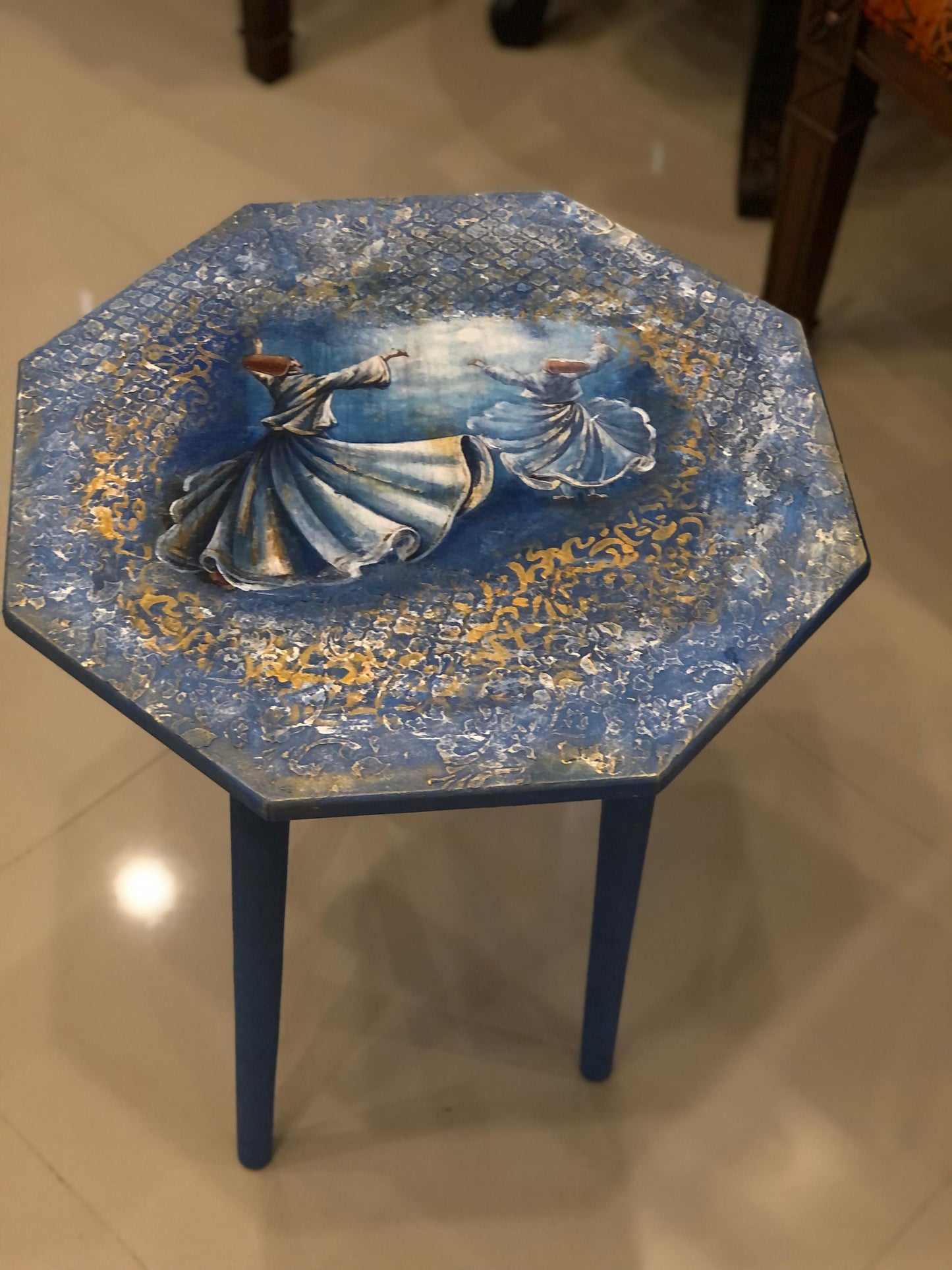 Wood Table - Handcrafted Wooden Octagon Table – Twin Sufi Dancers in Blue with Tri-Leg Stand