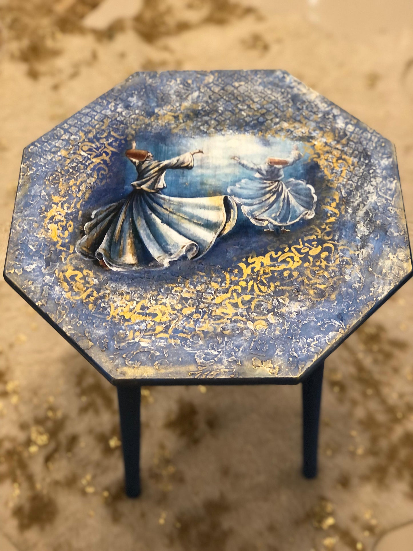 Wood Table - Handcrafted Wooden Octagon Table – Twin Sufi Dancers in Blue with Tri-Leg Stand