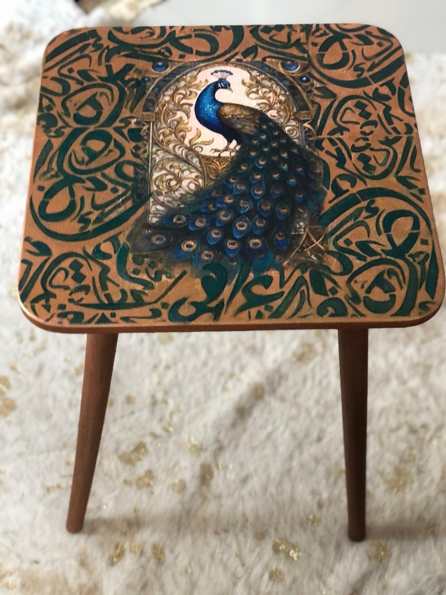 Wood Table - Handcrafted Wooden Square Table – Brown Finish with Blue Peacock Design & Three-Leg Stand