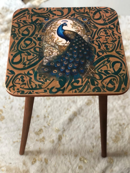 Wood Table - Handcrafted Wooden Square Table – Brown Finish with Blue Peacock Design & Three-Leg Stand