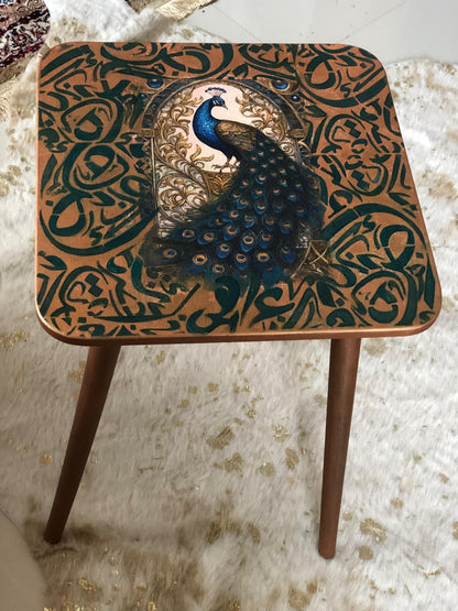 Wood Table - Handcrafted Wooden Square Table – Brown Finish with Blue Peacock Design & Three-Leg Stand