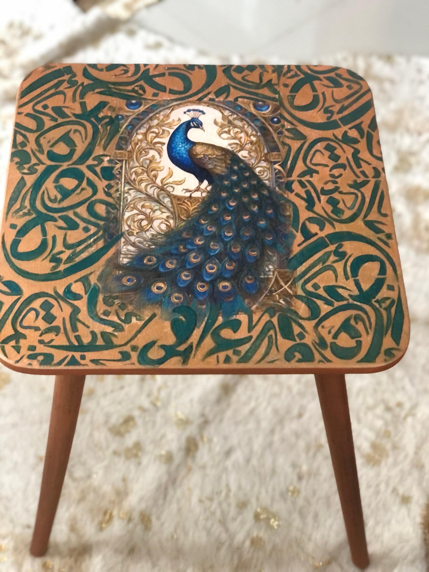 Wood Table - Handcrafted Wooden Square Table – Brown Finish with Blue Peacock Design & Three-Leg Stand