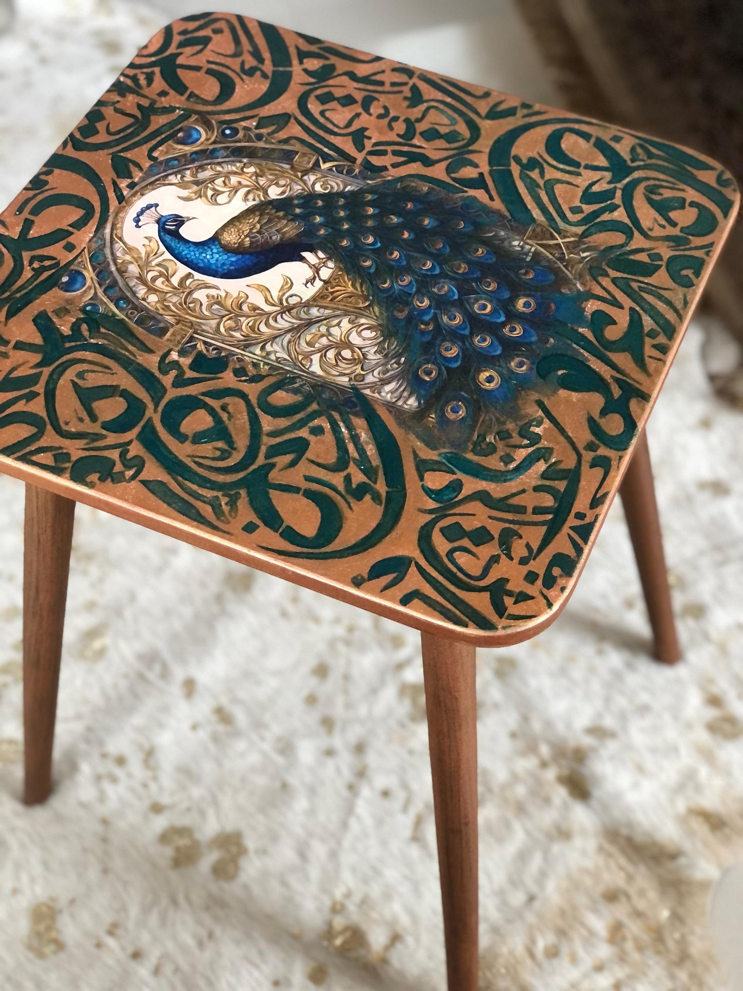 Wood Table - Handcrafted Wooden Square Table – Brown Finish with Blue Peacock Design & Three-Leg Stand