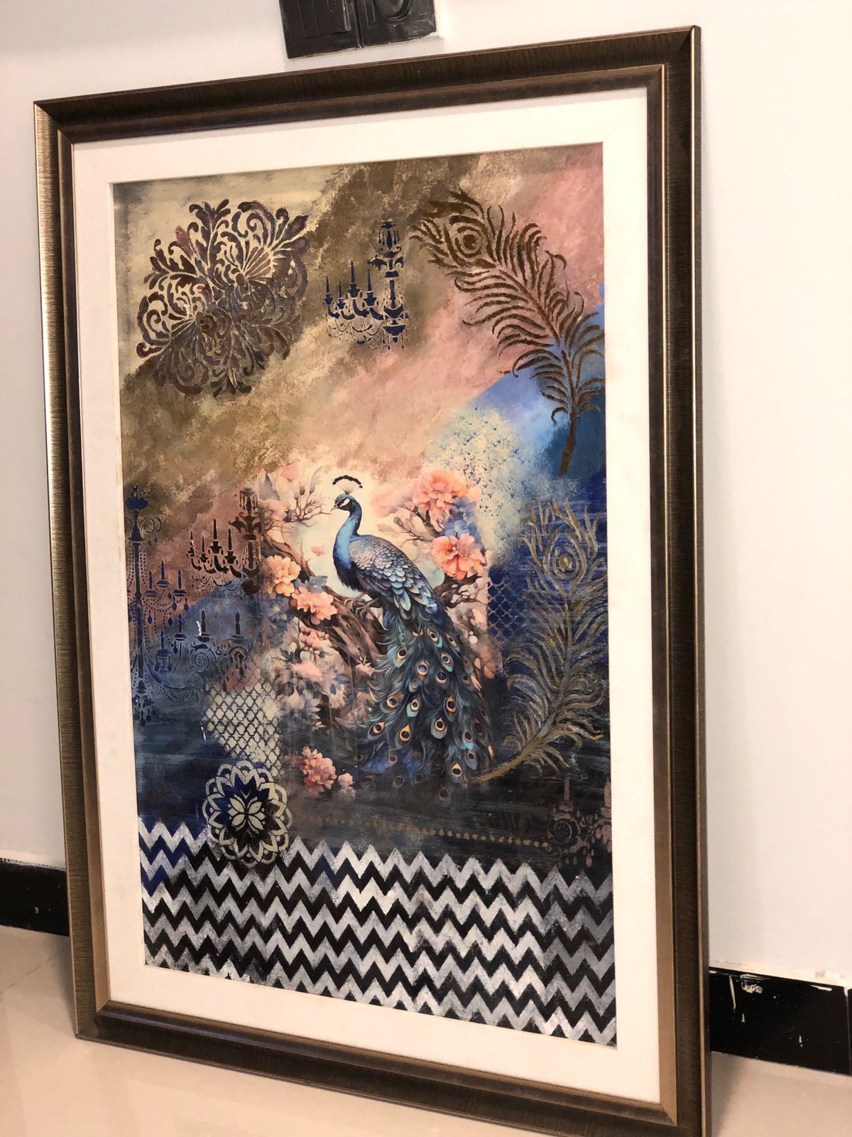 Handcrafted Wooden Frame Art – Blue Peacock Design with Calligraphy & Floral Accents