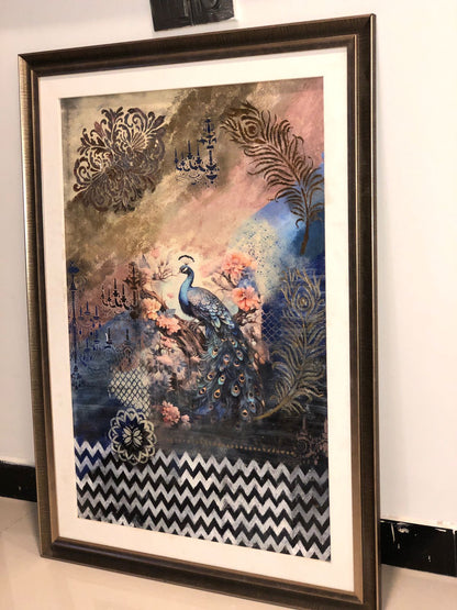 Handcrafted Wooden Frame Art – Blue Peacock Design with Calligraphy & Floral Accents