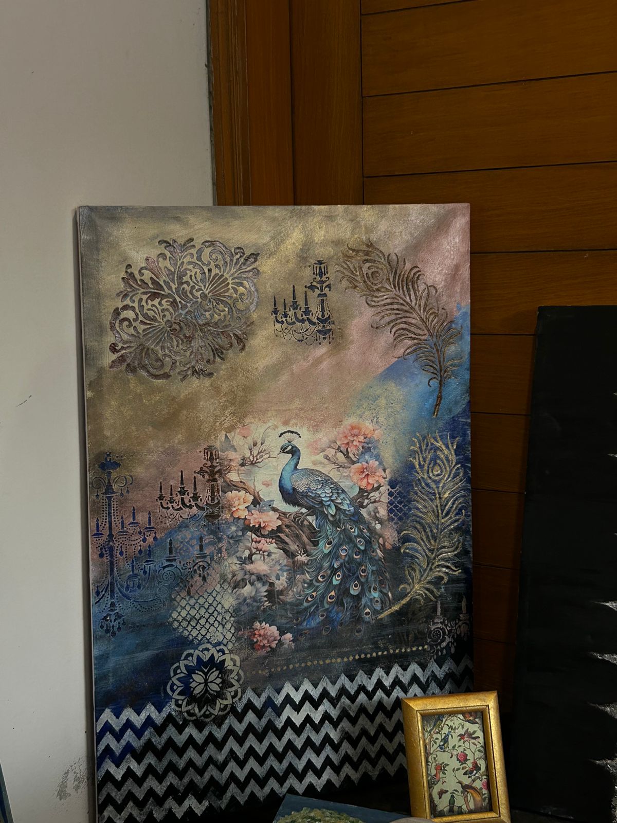 Handcrafted Wooden Frame Art – Blue Peacock Design with Calligraphy & Floral Accents