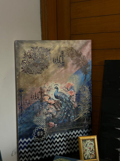 Handcrafted Wooden Frame Art – Blue Peacock Design with Calligraphy & Floral Accents