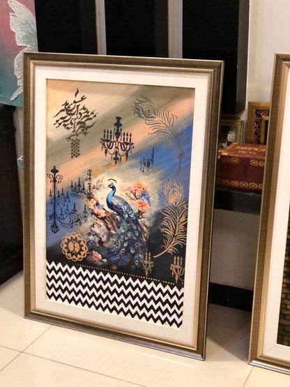 Handcrafted Wooden Frame Art – Blue Peacock Design with Calligraphy & Floral Accents